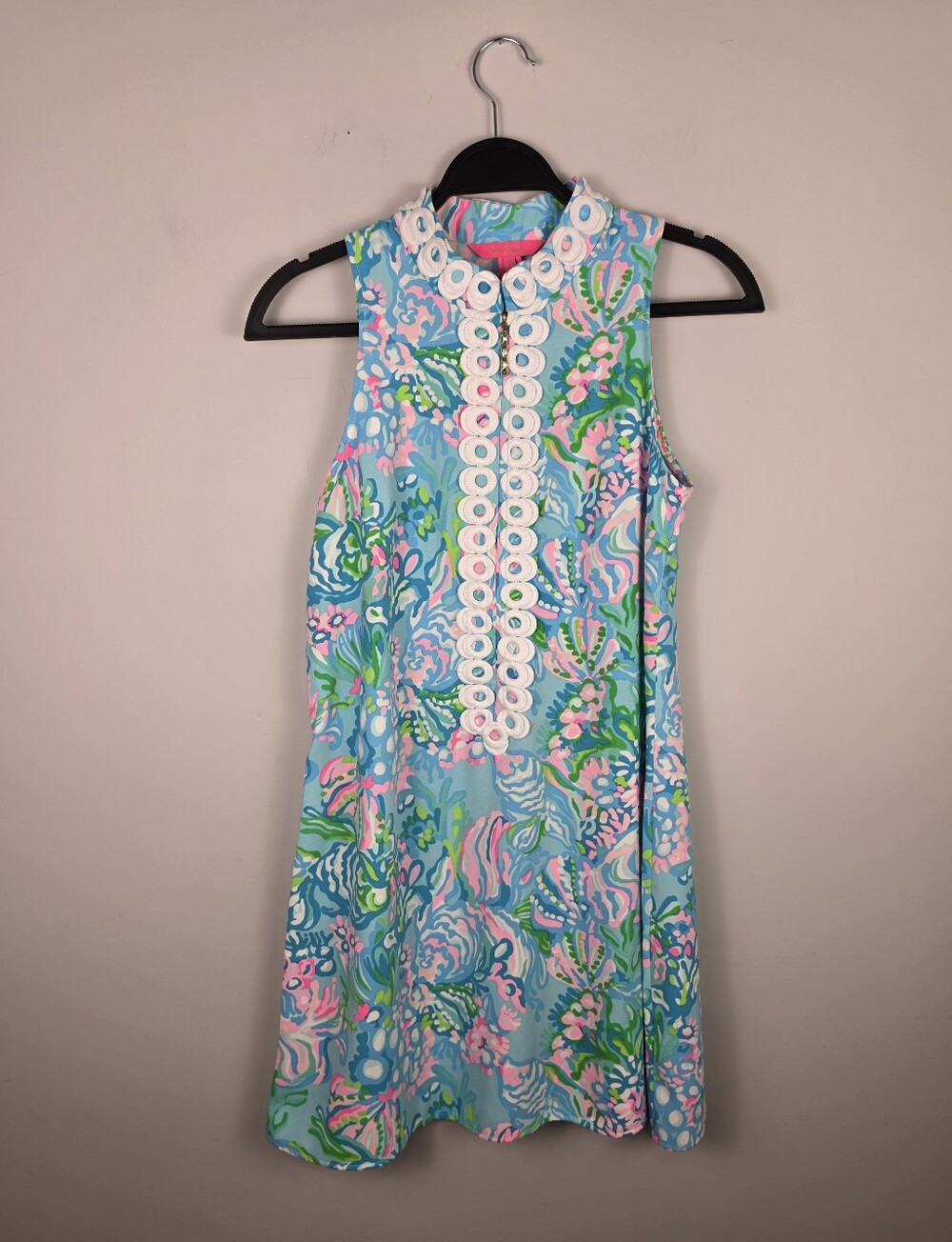 Lilly Pulitzer Blue Ibiza AQUA LA VISTA JANE SHIFT DRESS Collar Zip Front Size 2